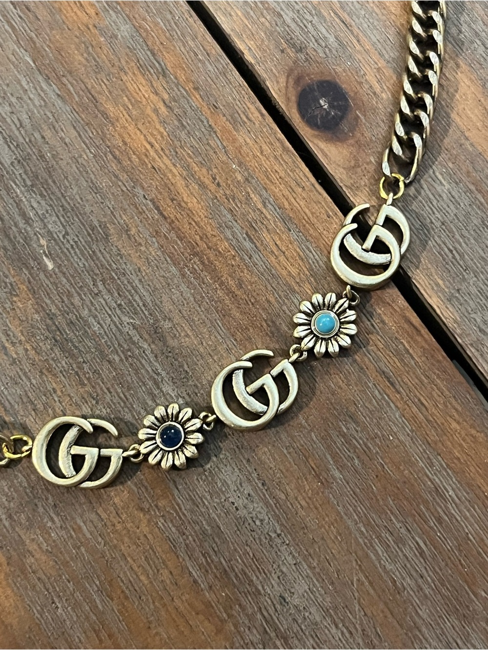GG Gold-Tone Double G Necklace with Blue and Turquoise Flower Accents